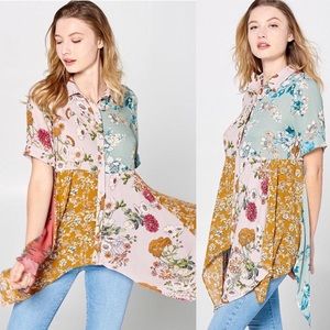 NWOT! Asymmetrical hemline patchwork button-up blouse